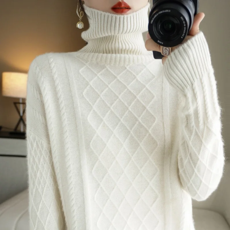 Women\'s wool sweater 100% pure wool 2024 autumn and winter new high neck sweater slim fit regular knitted bottom sweater