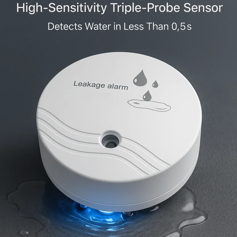 Compact 8cm Water Leakage Alarm, 90dB Loud Alert, Triple-Probe Sensor, Perfect for EU Homes: Under Sink, Toilet, Boiler Areas