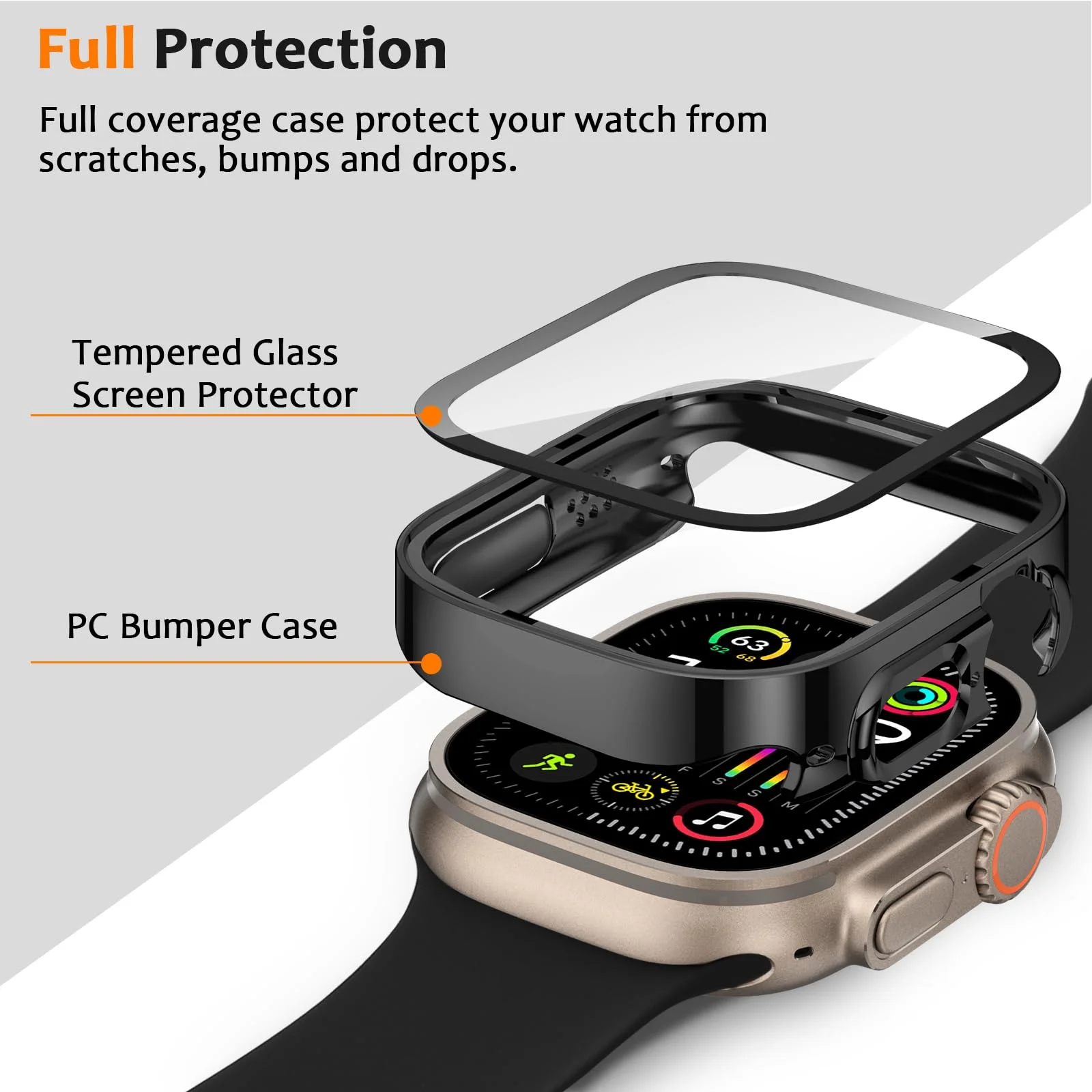 Displayschutzfolie für Apple Watch Case Ultra 2 3 49 mm, Zubehör, gerade Kante, schützende PC-Stoßstange + iWatch-Abdeckung aus gehärtetem Glas