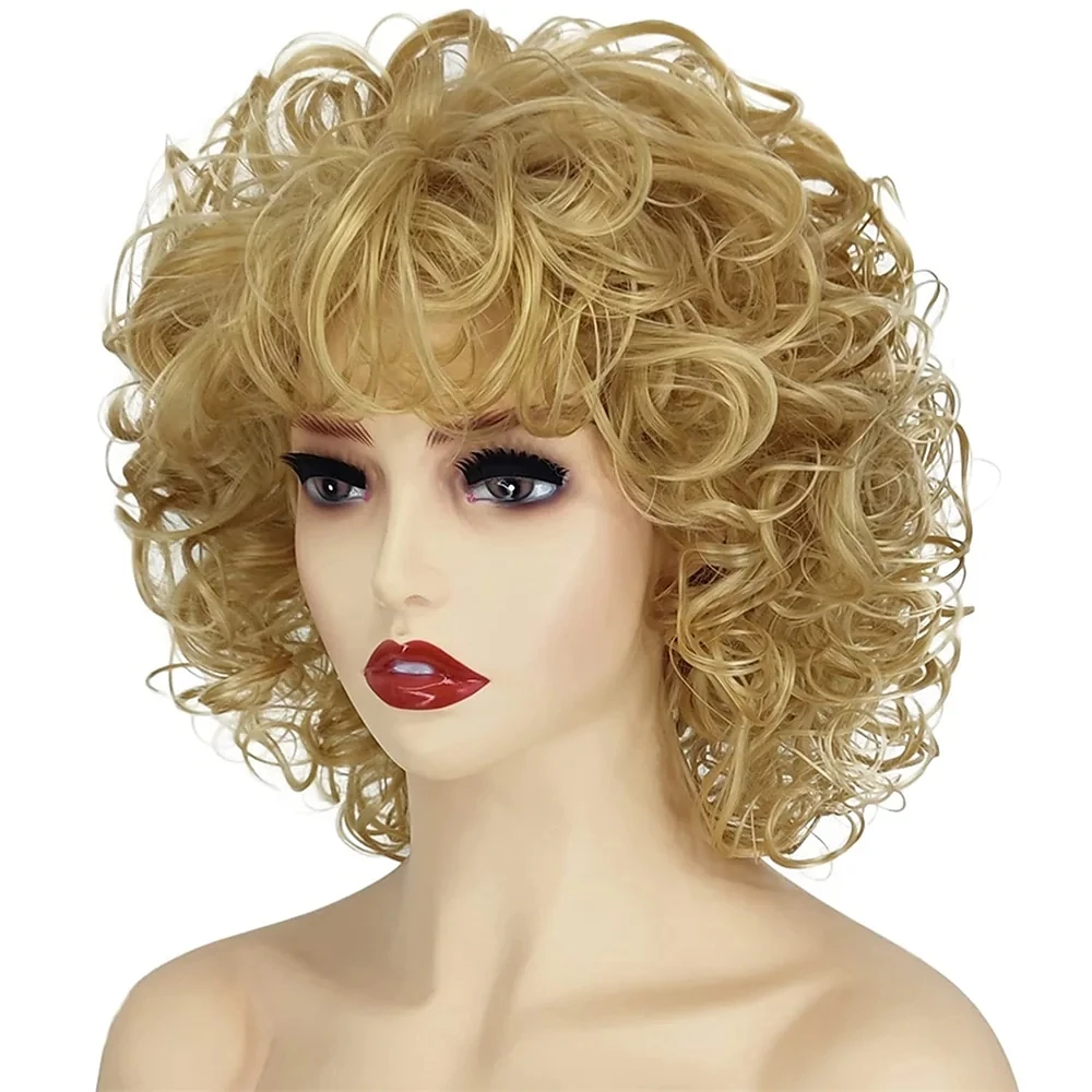 Shoulder Length Blonde Costume Hair Wigs for Women Synthetic Hair Fiber Curly Hair Wig with Bangs