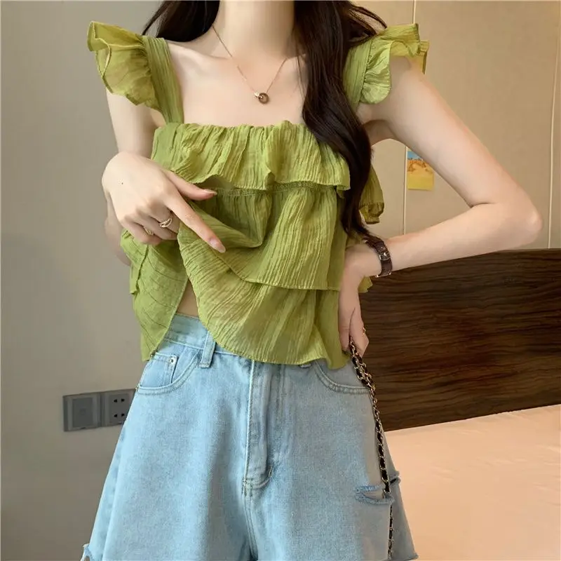 

Summer New Chiffon Ruffles Short Tanks Solid Color Loose Sleeveless Patchwork Sweet T Shirt Tops Fashion Korean Women Clothing