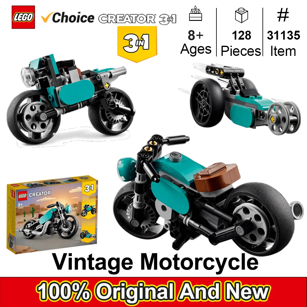 LEGO 31135 Creator 3 in 1 Vintage Motorcycle Set, Vehicle Building Toys, Great Gift for Boys, Girls, and Kids 8 Years Old and Up