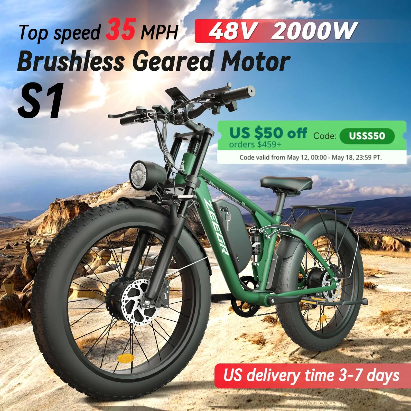 

Zeegr S1 Electric Mountain Bike - Dual Motor, Full Suspension, 35MPH Speed, 80 Mile Range, Perfect for Off-Road Adventures