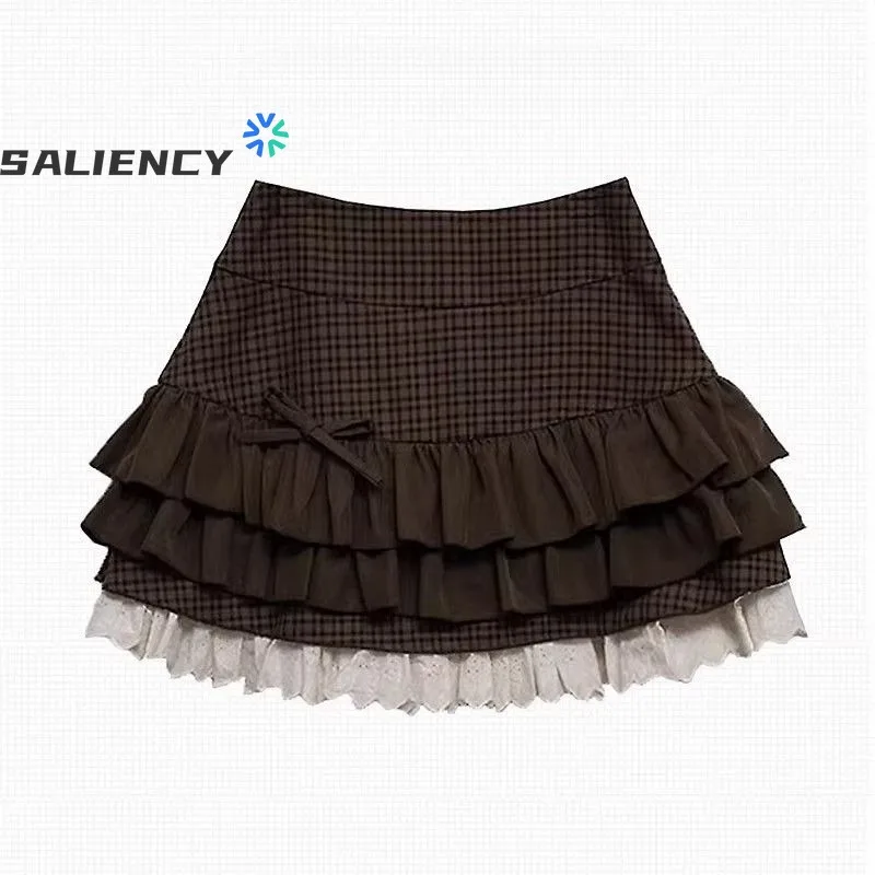 Japanese Sweet Lolita Mini Skirts Women Cute Ruffled Plaid Skirt Punk Rock Subculture Cake Skirts Preppy Style Casual Skirt