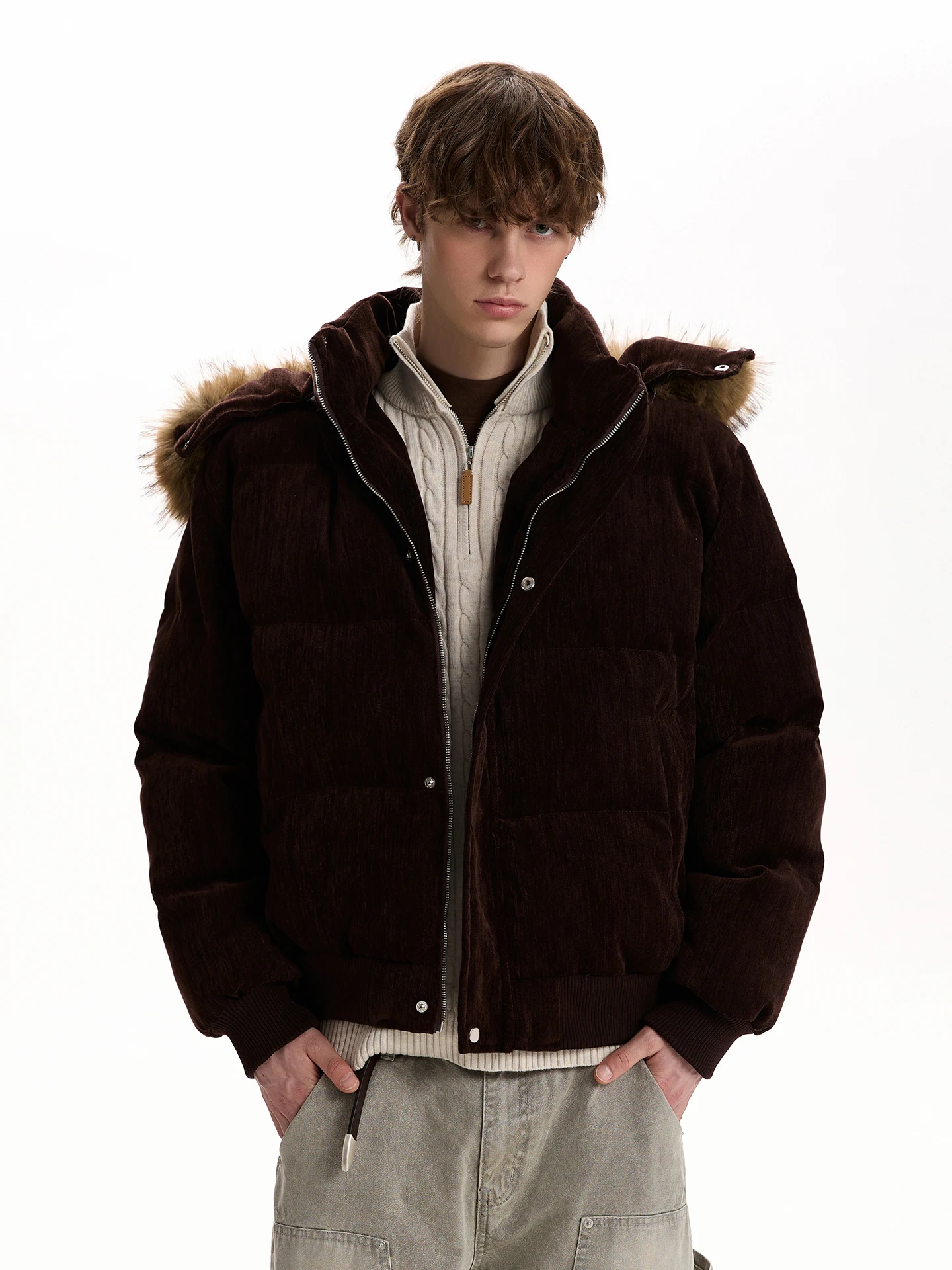 

PUEE американское ретро коричневое пальто с меховым воротником и капюшоном, теплая хлопковая куртка, верхняя одежда для молодежи, повседневная зимняя одежда