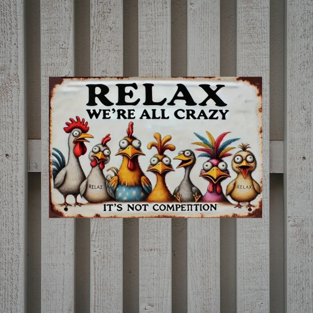 Pollo "Relax, We're All Crazy" - Letrero de madera temático en estilo rústico con diseños coloridos, ideal para diversos espacios de decoración