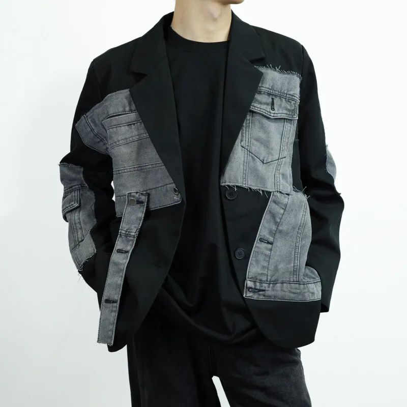 WVGA Autumn Winter New Man Tide Denim Patchwork Trendy Turn-Down Collar Blazer Niche Chic Casual Long Sleeved Jackets Ins W20439