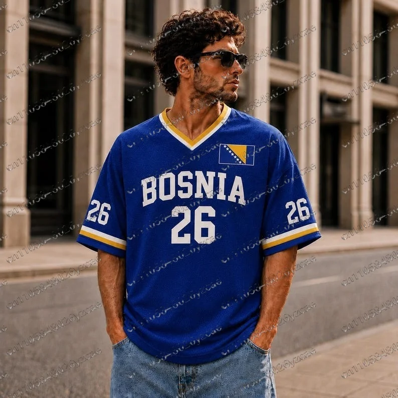 2026 Summer Bosnia #26 Soccer Retro Football Jersey V-neck Soccer Shirt Men's Oversize Casual Sports Tee for Fans Kids Adults