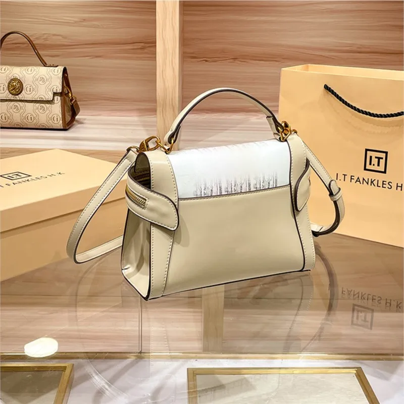 Brand genuine leather bag for women in 2024, new designer, high-end texture portable shoulder bag, contrasting color diagonal cr