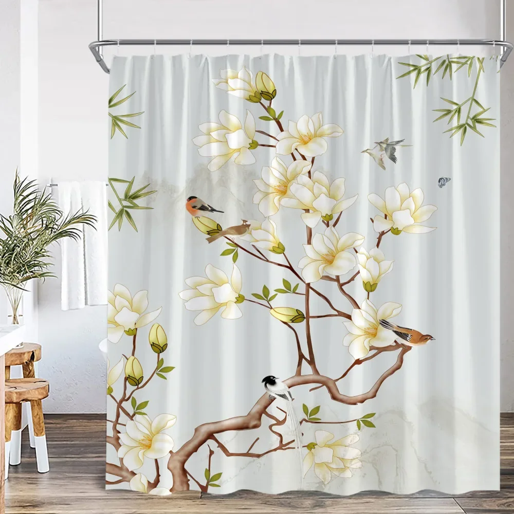 Chinese Style Shower Curtain Birds Classical Flower Tree Plant Asian Bathroom Decor Vintage Polyester Bath Curtain with Hook