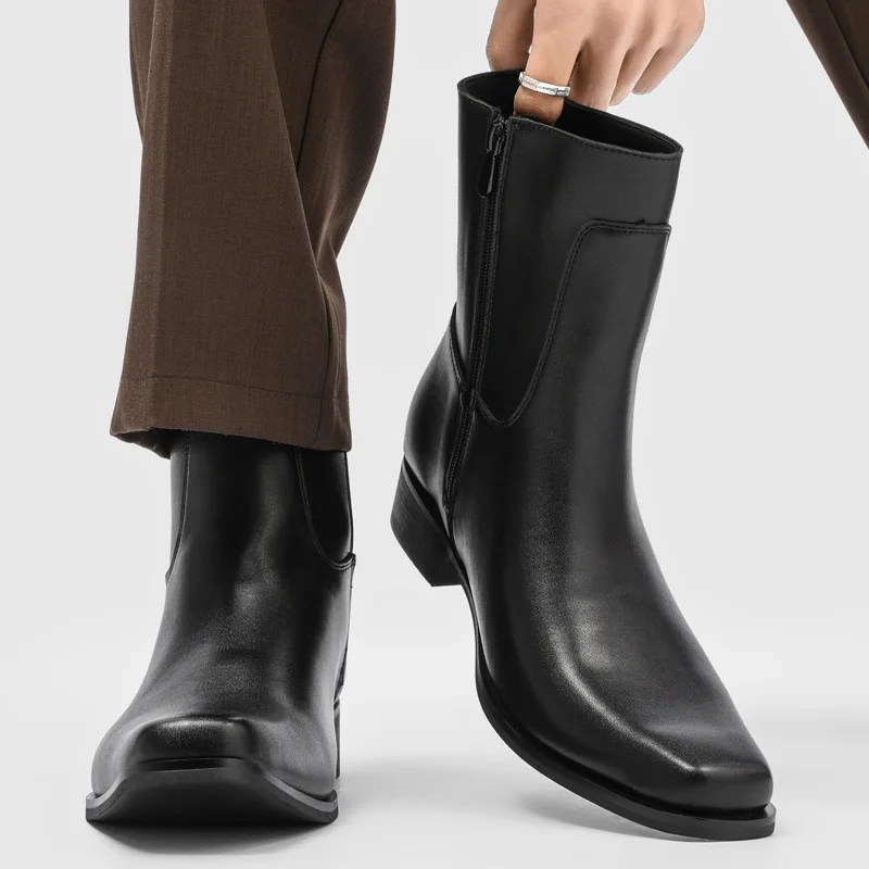 mens casual punk rock high chelsea boots black designer square toe shoes cowboy natural leather boot trend long motorcycle botas