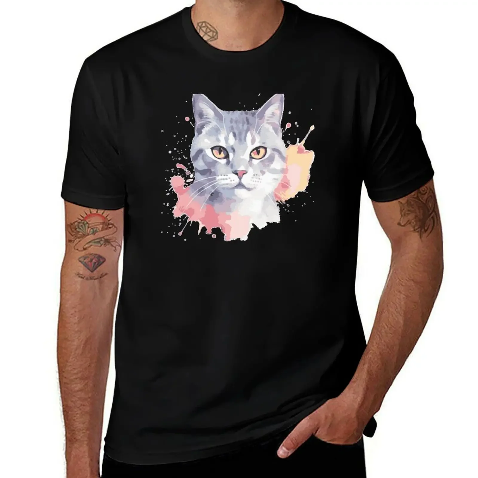 American Shorthair Portrait with Pastel Background T-Shirt Simple Graphic Design T-Shirt(4XL 5XL 6XL No shipping)