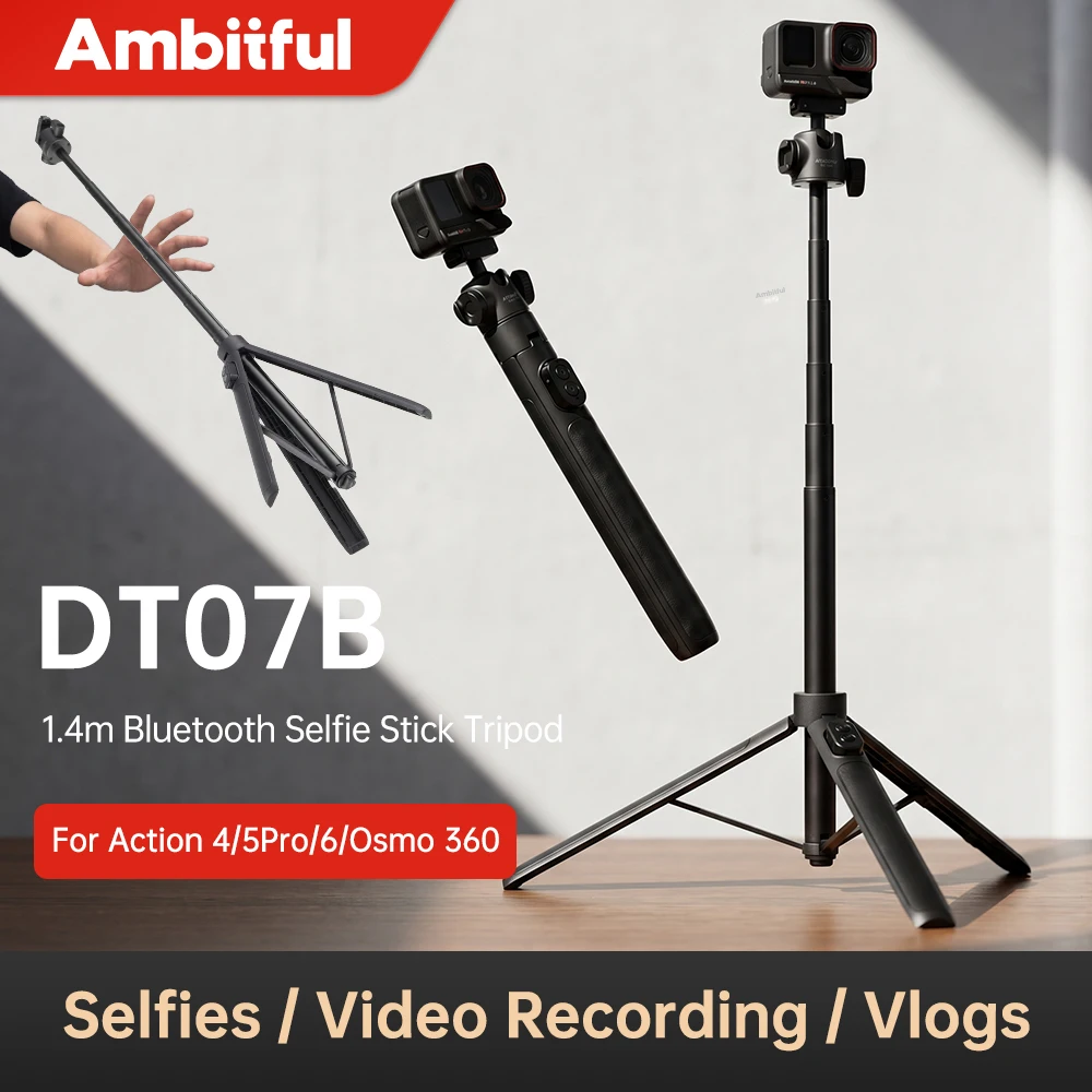 Trépied perche à selfie Ambitful DT07B 1,4 m pour caméra d'action DJI Action 4/5 Pro/6/Osmo 360 avec télécommande Bluetooth à dégagement rapide magnétique