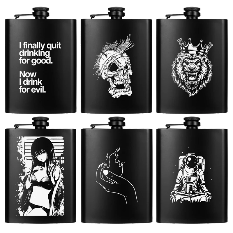 

8 oz Black Portable Whiskey Vodka Liquor Skull Wolf Animation anime Hip Flask Custom LOGO Metal Stainless Steel Wine Bottle