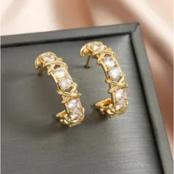 Moonso Vintage CC Design Hoop Earrings for Women Korean Fashion X Cross Zircon Earring Engagement Jewelry Gift e8456