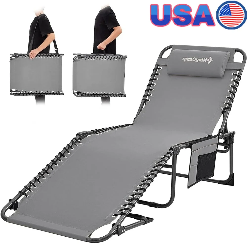 

Portable Folding Lounge Chair Adjustable Outdoor Tanning Lounger Comfy 5-Position Chaise with Soft Pillow Side Pocket Ideal
