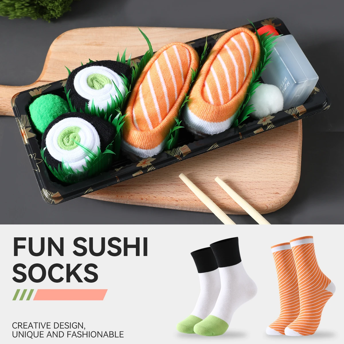 

2 pair of mid-calf unisex socks in a salmon sushi design, a novel and creative practical gift that is fun for the holidays.