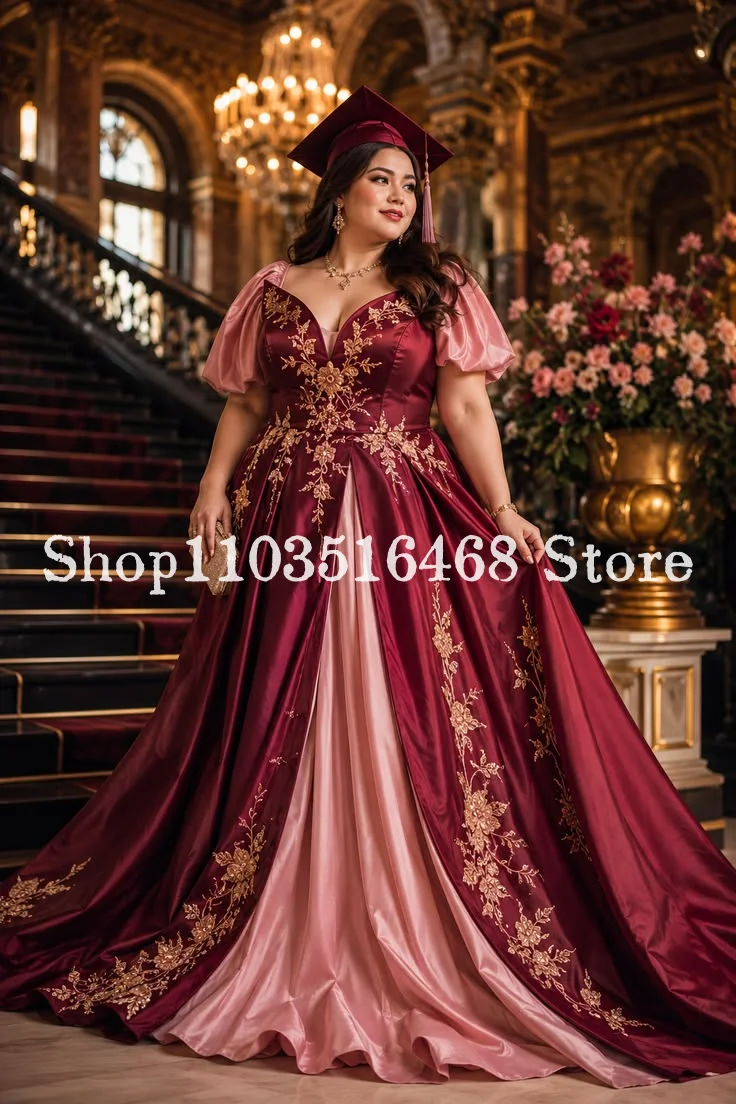 Plus-Size Burgundy Bean Paste Pink Color-Blocked Prom Dress Customized Lace Sweetheart Neckline Graduation Dress Special Occasio