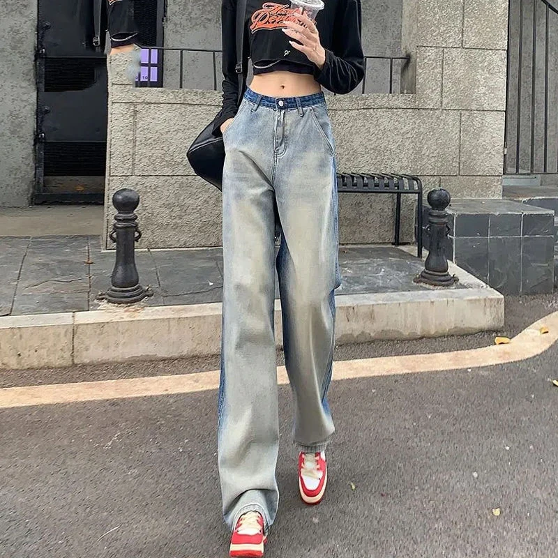 Women\'s Jeans Wide Leg Patchwork Pants Retro Oversized Harajuku Yk2 Streetwear Vintage Denim Pants Casual Loose Ladies Jeans