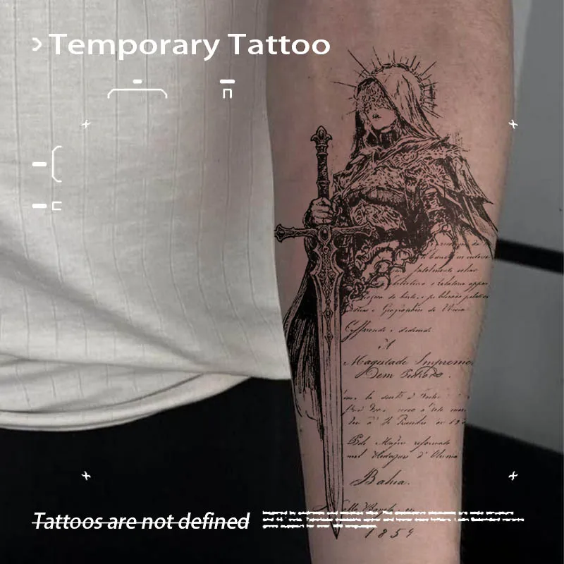 Vintage Script Holy Warrior Knight Sword Herbal Juice Tattoo Sticker Waterproof Fake Tattoo Unisex Forearm Gothic Medieval Body