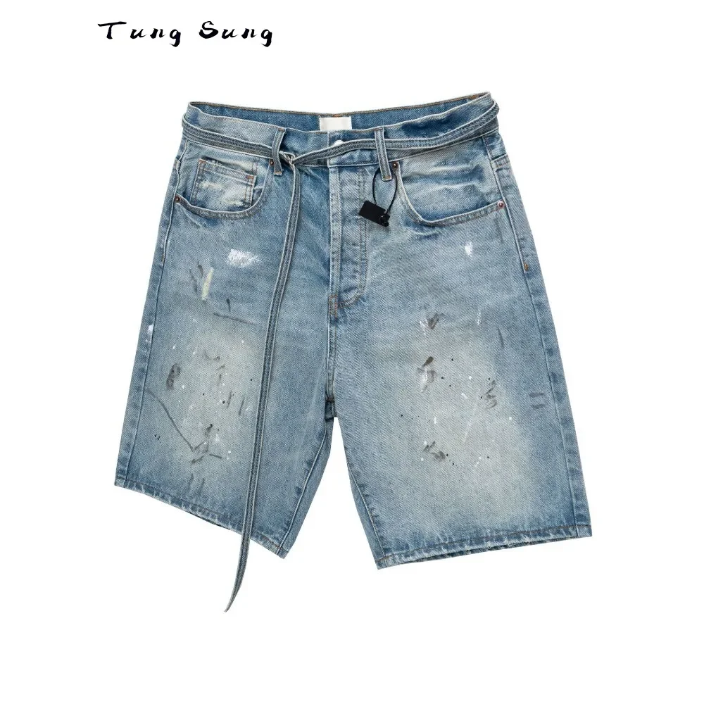 Tung Sung Washed Distressed Jorts Blue Washed Ink Splashed Hand Painted Denim Shorts