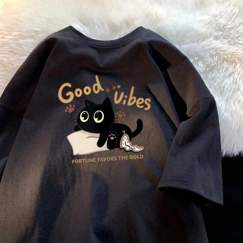 Black Cat Graphic T Shirt Cute Sleep Kitten Pillow Doodle Paw Print Slogan Summer Oversized Unisex Cotton Short Sleeve Pet Tee