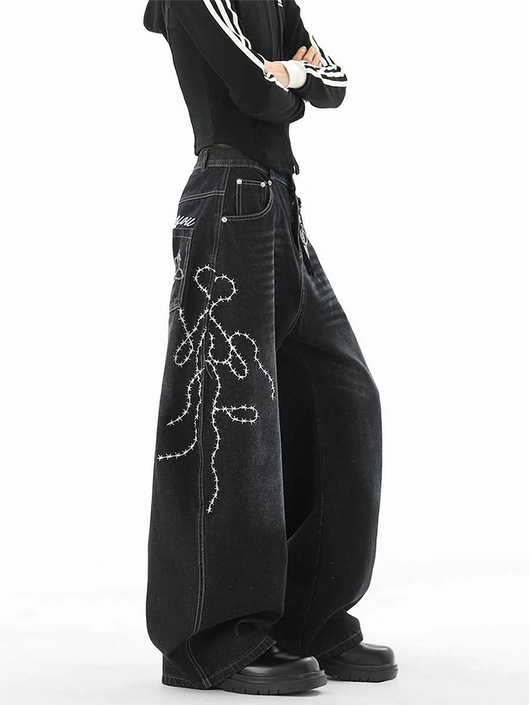 

202, осенне-зимние женские джинсовые брюки с вышивкой Dark Academia Abi Y2K, мужские широкие джинсы, японский Harajuku Jean Punk Tide, новинка