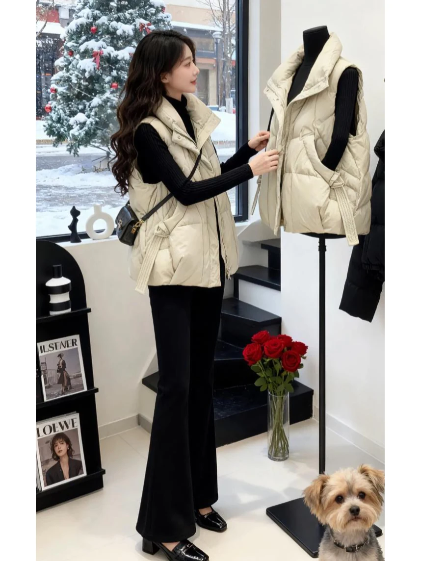 

Women's down Cotton Vest Outerwear Faionable Autumn Winter New Sle Korean Version Loose Fit Long Sve Stand Collar Jaet