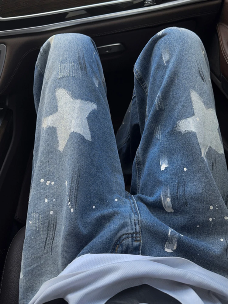 

Ripped Splattered Star Denim Jeans Men's American High Street Waed Vintage Design Loose Straight Leg Micro Flared Pants