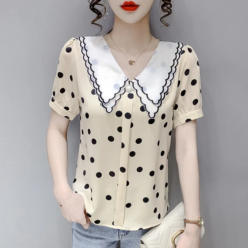 Casual Summer Chiffon Blouses 2024 Korean Fashion Polka Dot Blusa Feminina French Sweet Girls Vintage Puff Sleeve Tops Mujer y2k