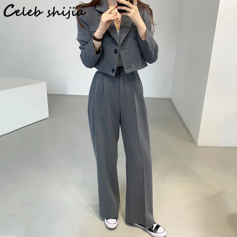 Chic Gray Blazers + High Waisted Pants Women Autumn Elegant 2 Piece Sets Office Ladies Business Long Sleeve Pant Suits OL