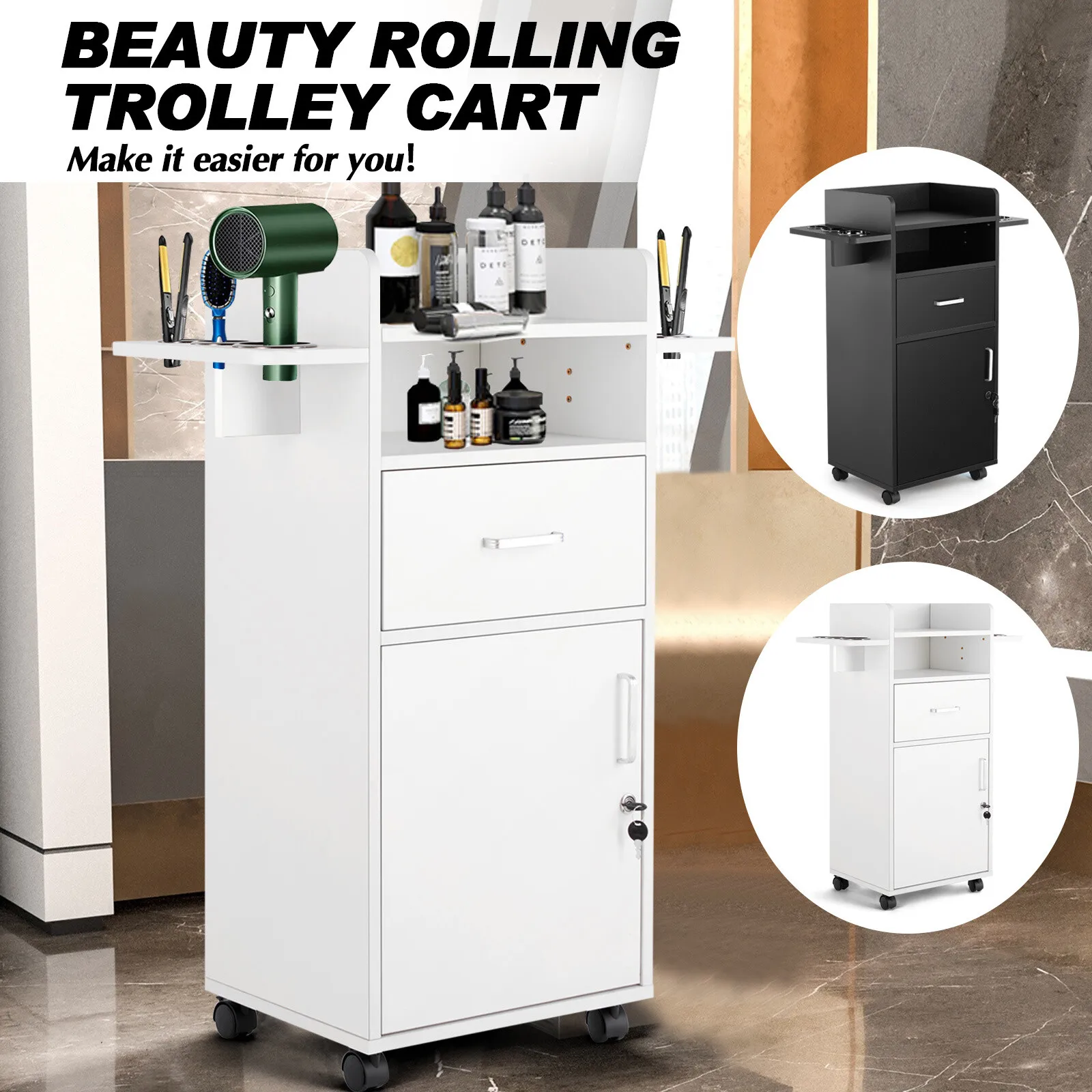 

Black/White Salon Rolling Trolley Cart Stylist Storage DrawerCabinet WheelHolder
