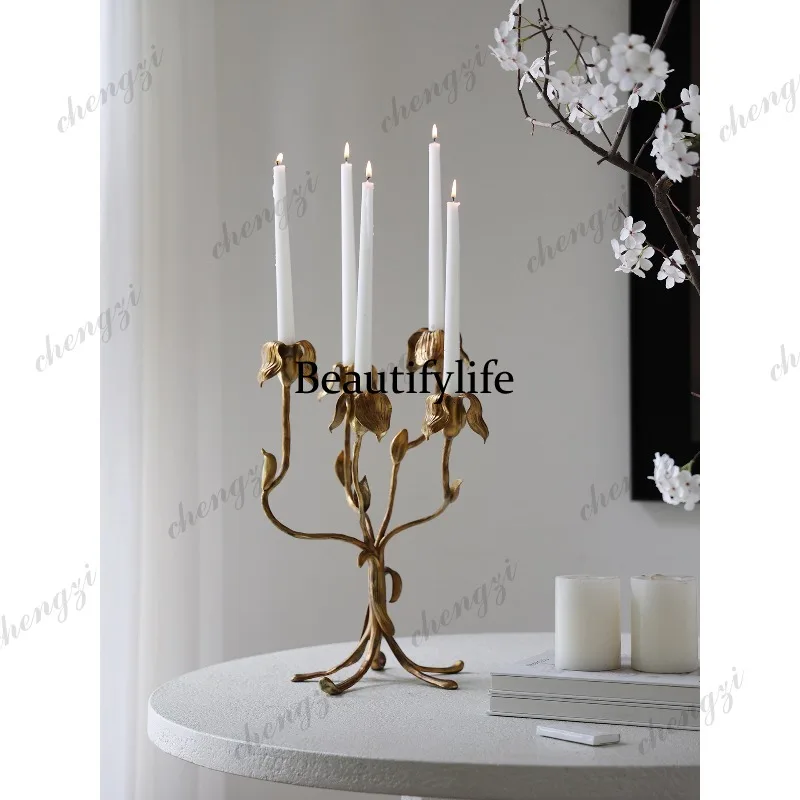 A73 Five-headed iris flower vintage cast bronze candlestick art ornament French desktop candle decoration gift
