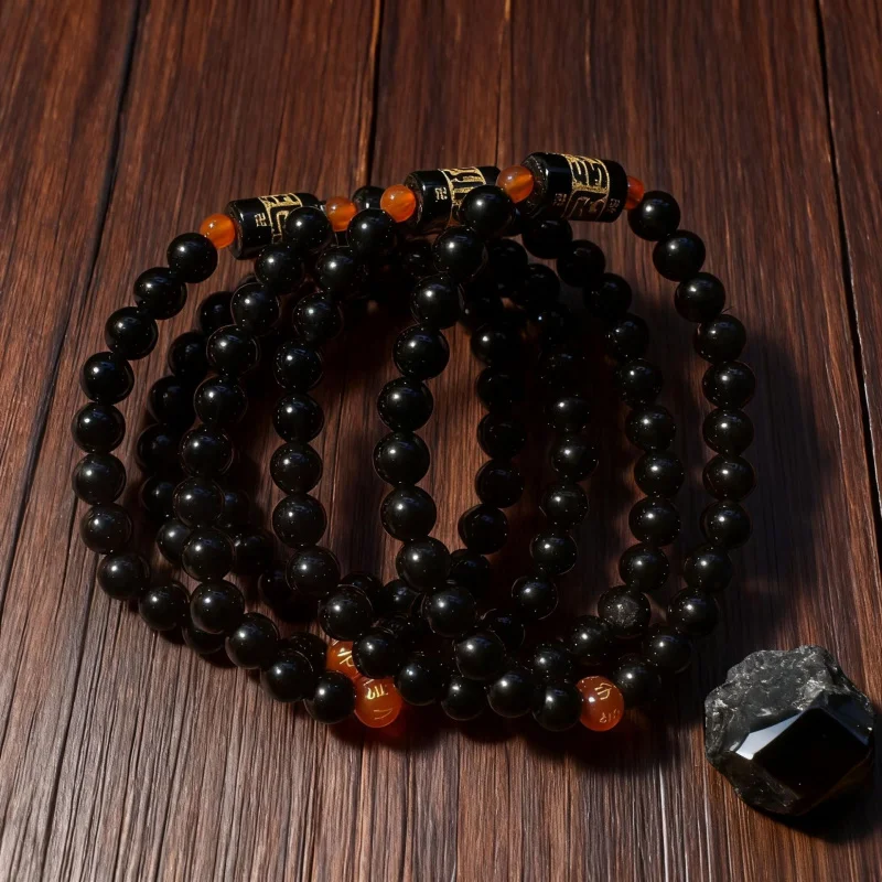Obsidian bracelet, red agate with gold-stamped six-character mantra, temple-sourced Buddhist bead jewelry for men and women, liv