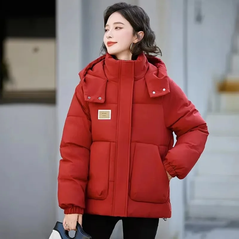 Jaket hoodie katun wanita, jaket katun berkerudung bantalan katun Korea hangat tebal parka roti pendek kasual untuk musim gugur dan musim dingin