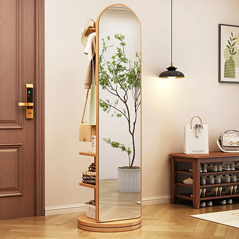 Solid wood full-body Floor-to-ceiling household full-length mirror Rotatable mobile fitting Bedroom simple hanger integrated mir