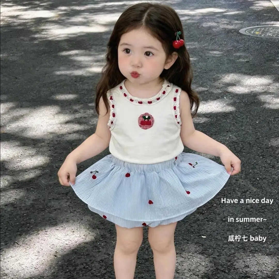 Girls' suit Summer baby girl sling vest shorts cute cherry foreign style bud skirt princess children's two-piece set