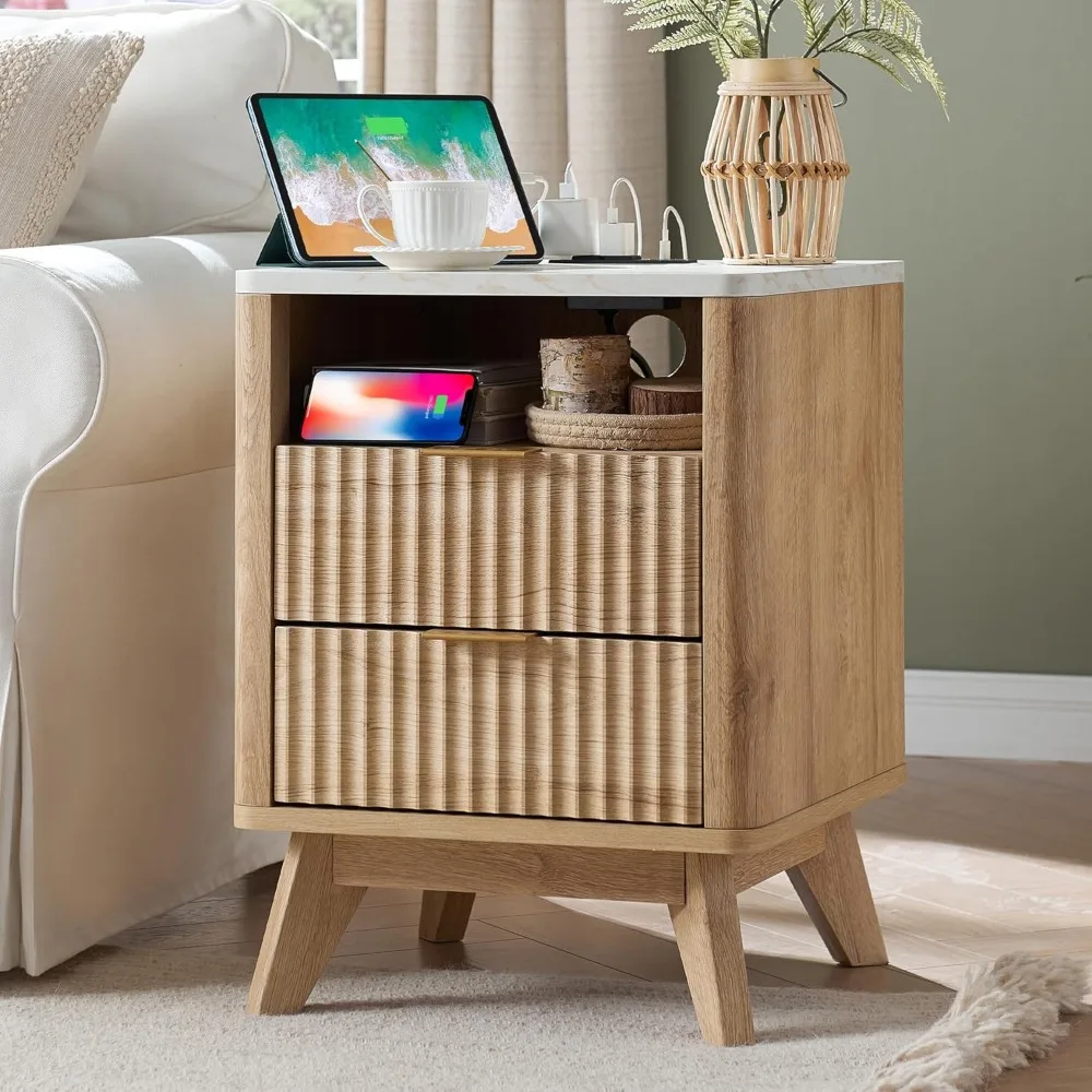 Fluted Nightstand with Charging Station, Modern Side Table with Faux Marble Top, 2 Drawers End Table w/Storage