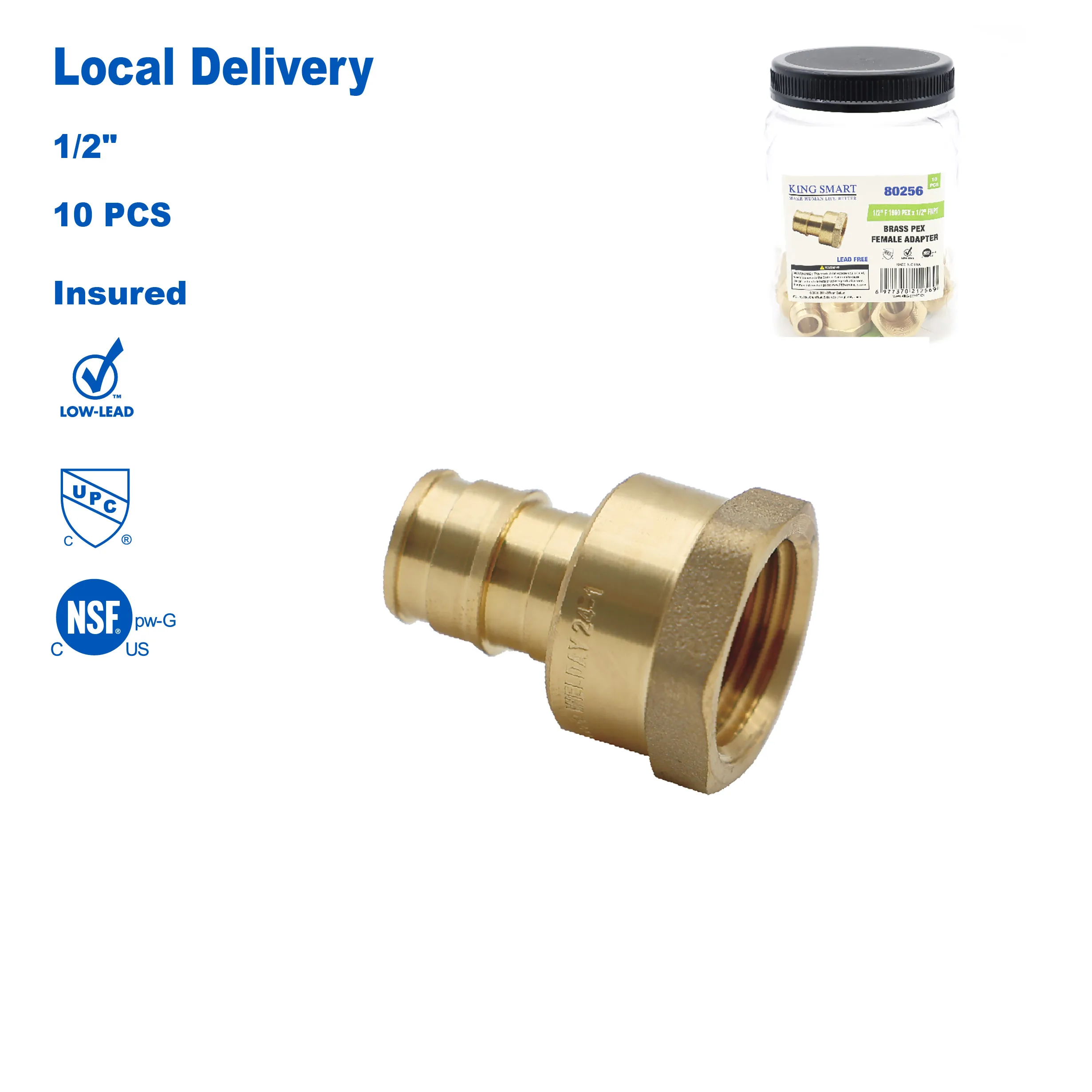 

KING SMART F1960/PEX A Expansion PEX 1/2" * 1/2" Female NPT Straight Adapter; 10Pcs/Case; Lead Free Brass; 80256