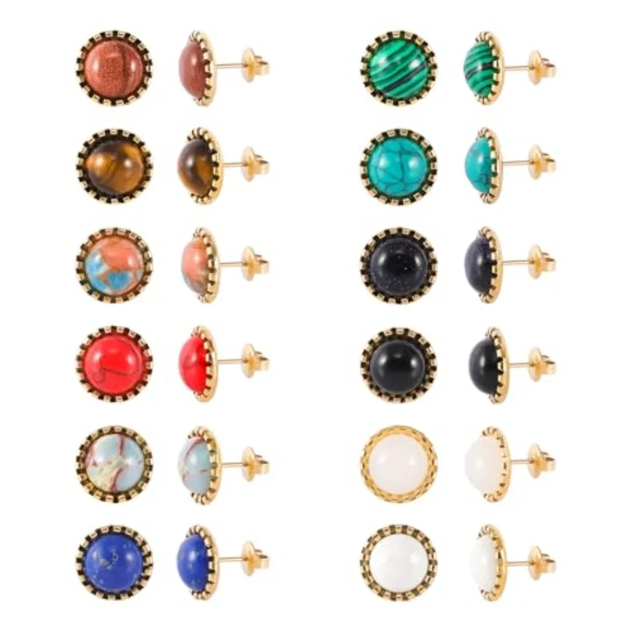 

12 Pairs Multi Gemstone Stud Earrings Stainless Steel Turquoise Tiger Eye Onyx Lapis Lazuli Malachite Stone Stud Earrings Set f