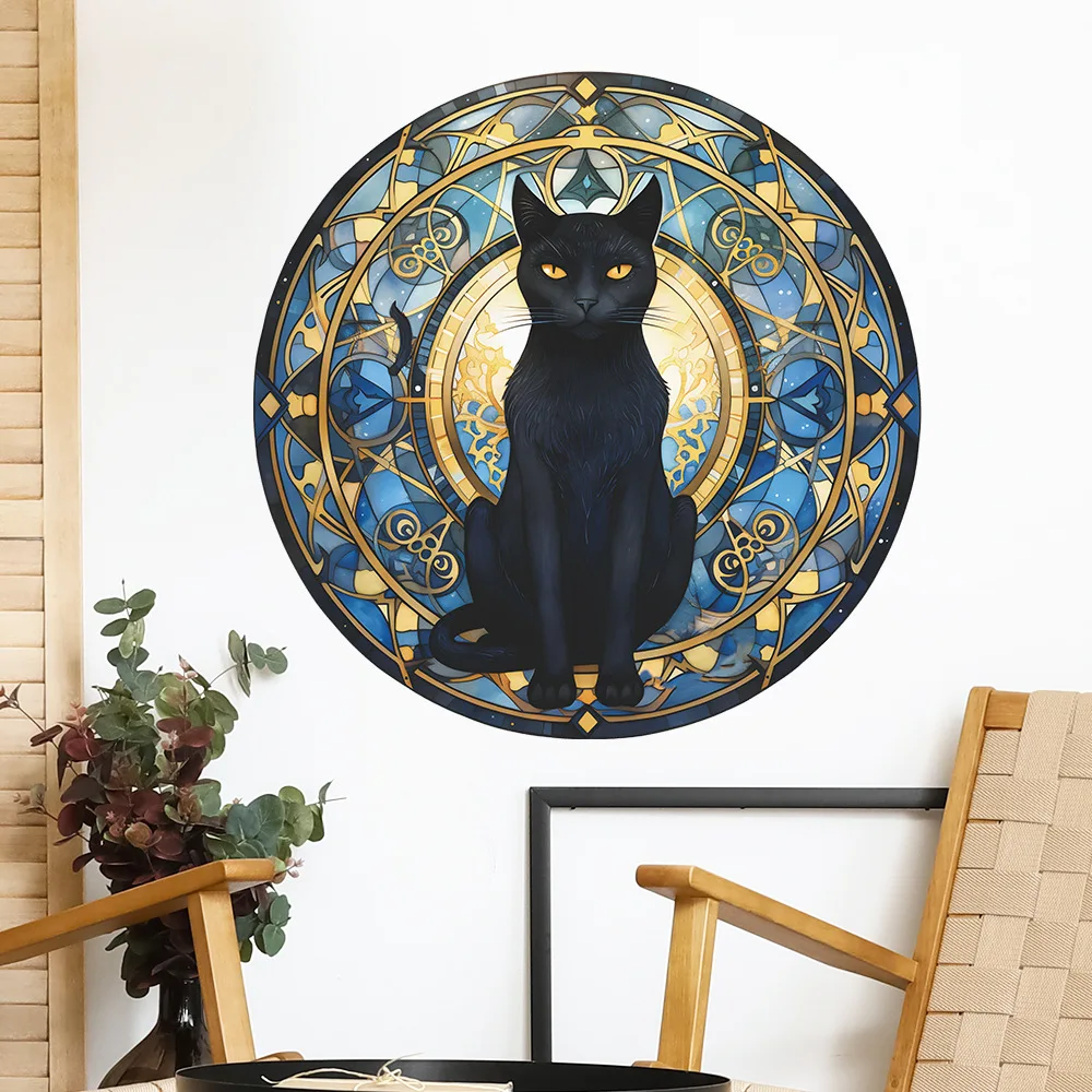 Stained Glass Black Cat Wall Decal, Mystical Blue & Gold Mandala Removable Gothic & Witchy Room Sticker