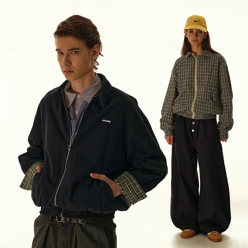 

Double Sided Wearable Stand Collar Cargo Jacket for Men Women Loose Casual Spring Autumn Plaid Short Bomber Jacket Unisex Coat