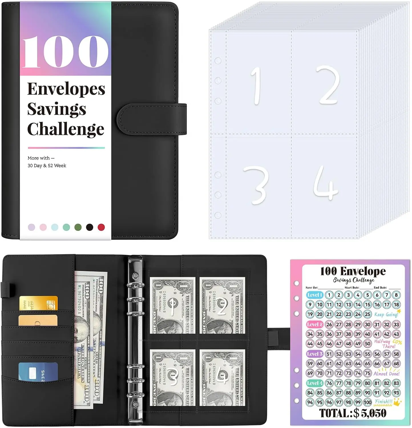 2025 New Savings expert，A5 Savings Challenges Book with Envelopes, with 100 Pocket Pre-Number & Reusable Laminated Tracker