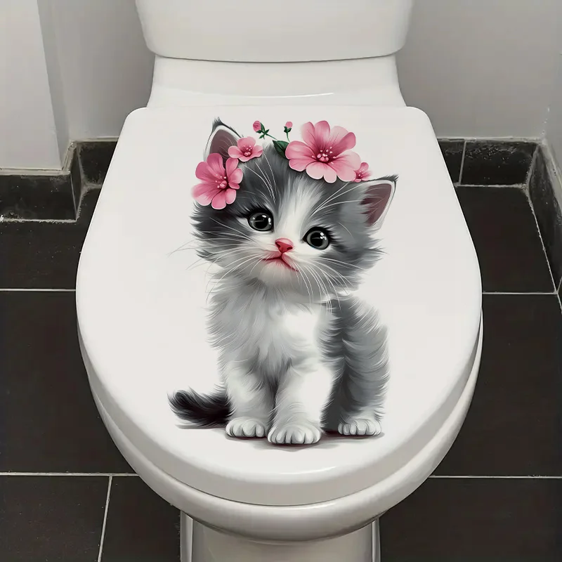 1 قطعة هريرة الوردي الزهور ملصق فينيل الحمام ملصق مائي لغطاء المرحاض الثلاجة عطلة ديكور القط الحمام ديكور غطاء المرحاض الديكور #4