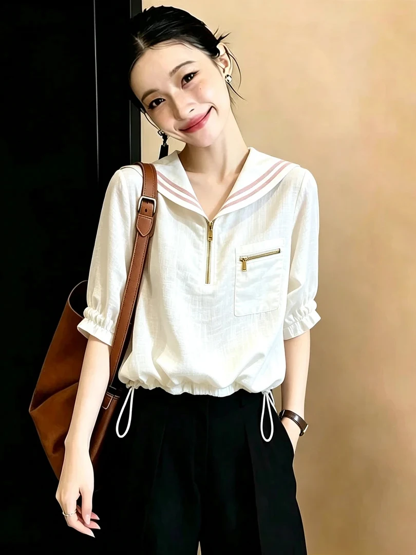 plus Size Women's Fashionable Short Sleeve Shirt Summer 2026 Commute Style Slimming Versatile Top Korean Loose Fit Zipper Clo...