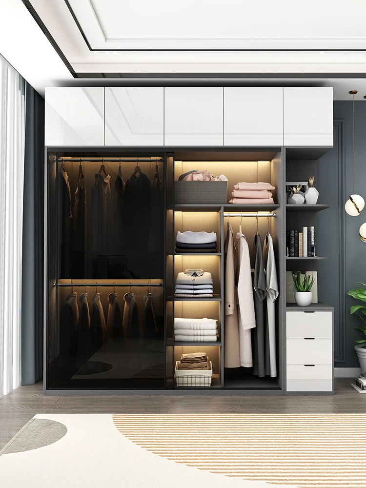 Light luxury wardrobe glass sliding door bedroom modern simple household economy sliding door wardrobe combination storage cabin