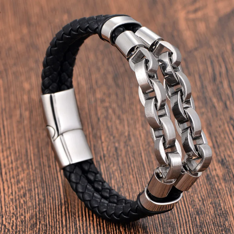 Black Leather Braided Bracelet Men Double Layer Stainless Steel Genuine Cowhide Handmade Multi Layer Wristband Fashion Jewelry