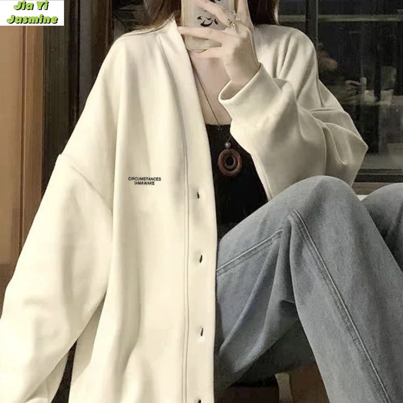 2024 Spring and Autumn New Maillard V-neck Cardigan Jacket Hoodie Female Student Loose Medium length Baseball Jacket