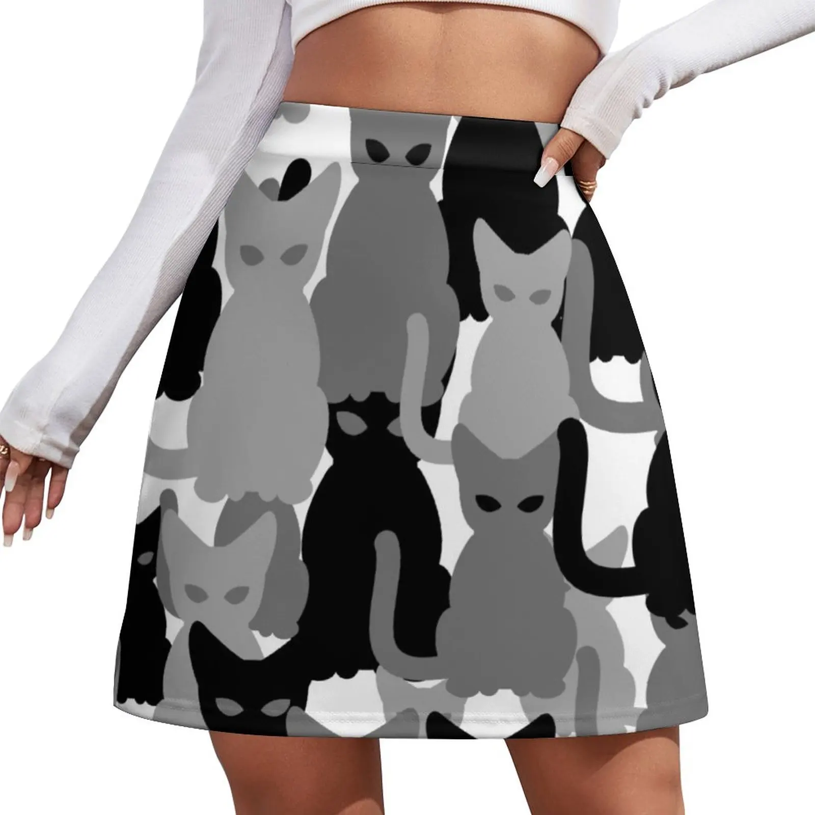 Grey and Black Cat Camo Design on White Background. Mini Skirt japanese fashion korean style clothes women 2026 Mini Skirt