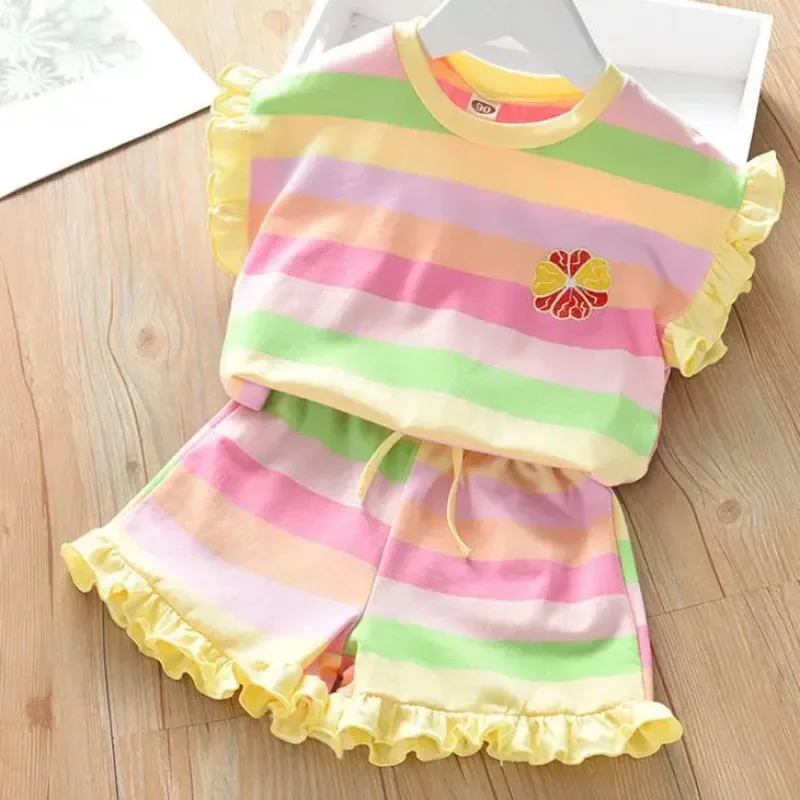 Baby Girls Summer Casual Rainbow Stripe T-shirts+Pants 2pcs Suits 1-6 Years Olds Girls Trend Sports Outifs Sets Kids Clothes